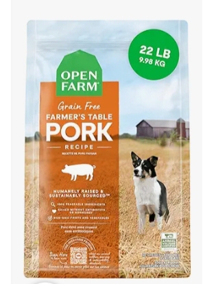 Open Farm Pork Dog Food grain-free recipe with fresh ingredients display