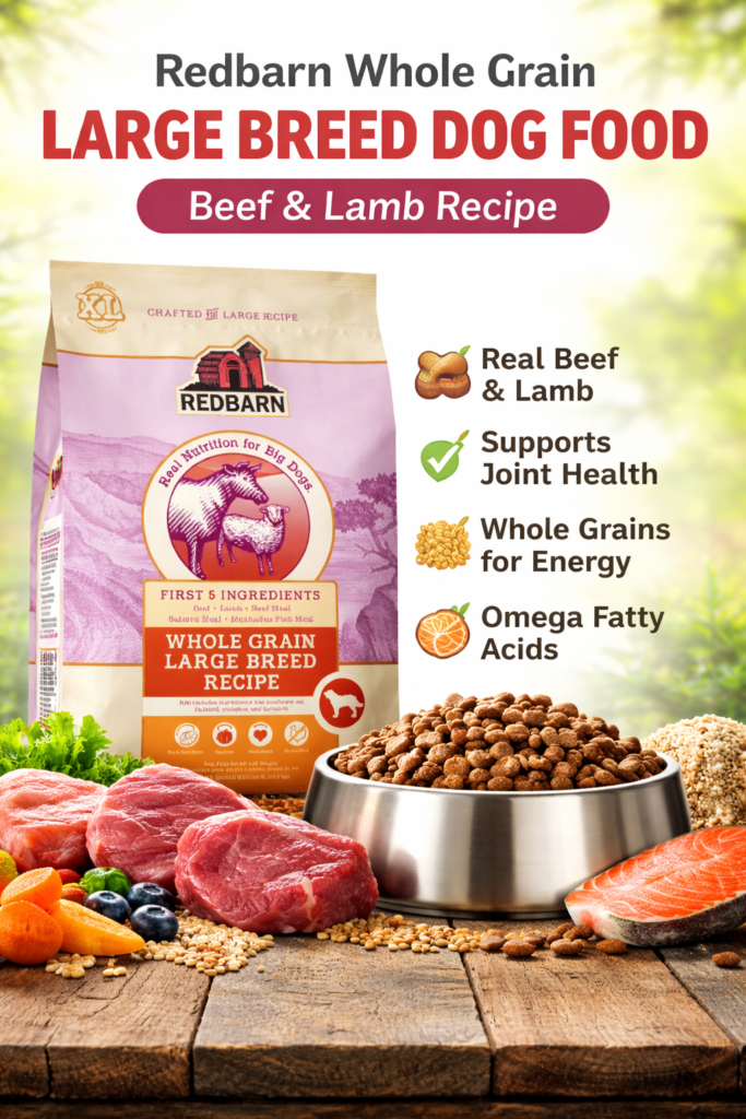 Redbarn Whole Grain Large Breed Dog Food Beef and Lamb Recipe packaging for large dogs