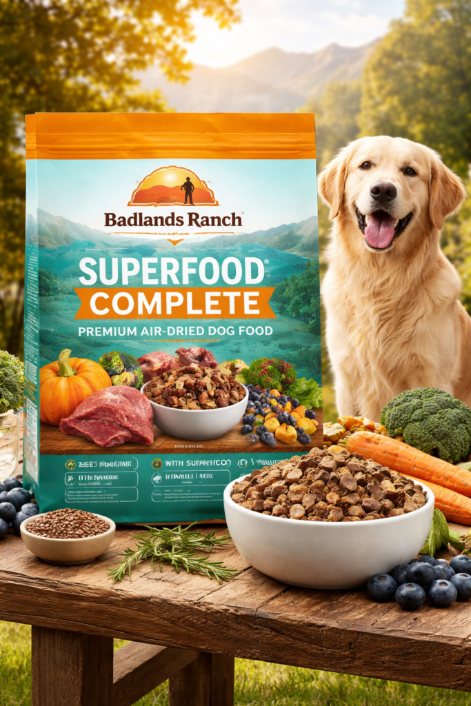 Badlands Ranch dog food with kibble bowl