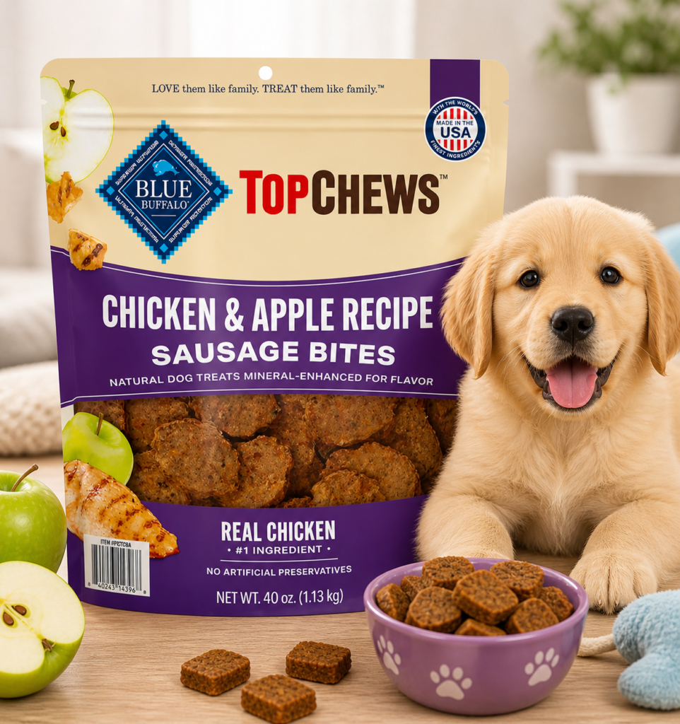 Natural dog treats Blue Buffalo chicken and apple recipe soft chewy sausage bites for dogs