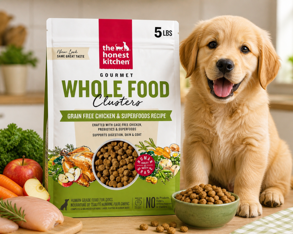 Premium human-grade dog food The Honest Kitchen Whole Food Clusters with happy puppy