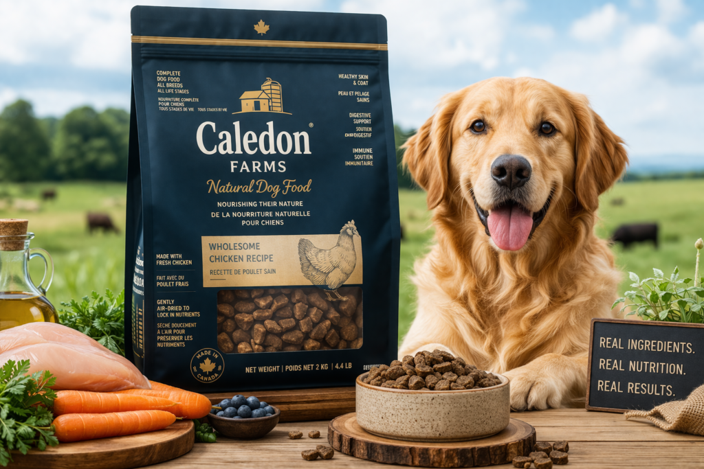 Caledon Farms dog food packaging high protein natural dog food