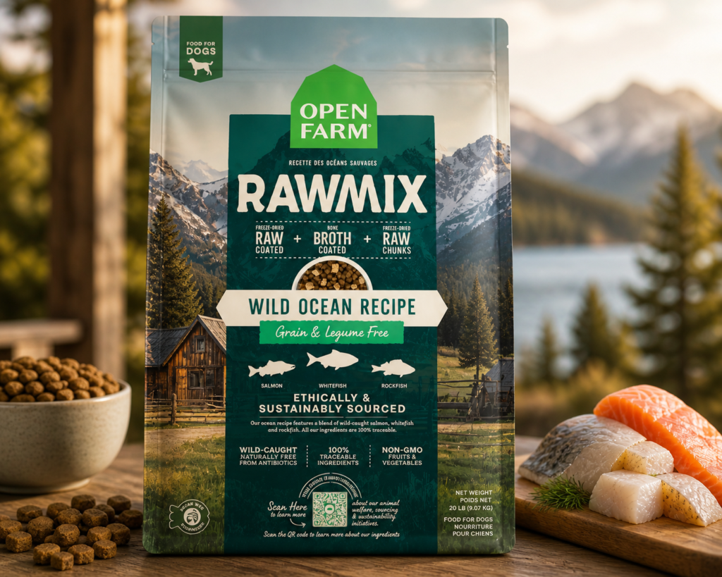 Open Farm RawMix Wild Ocean Recipe dog food bag grain free raw coated kibble