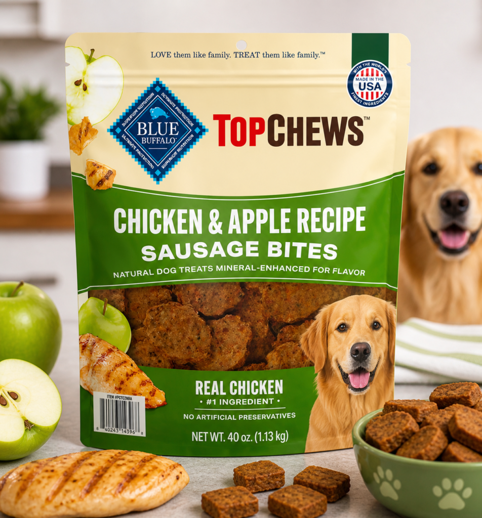 Blue Buffalo Top Chews Chicken and Apple dog treats soft sausage bites made with real chicken