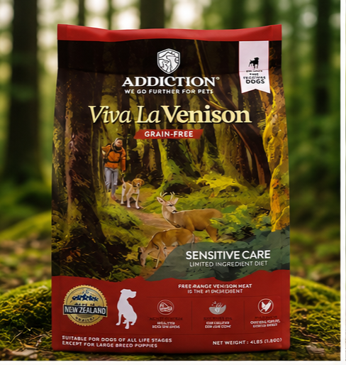 Addiction Viva La Venison grain-free dog food bag for sensitive dogs