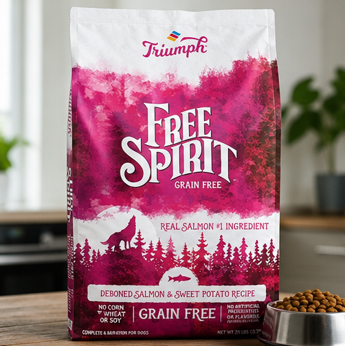 Triumph Free Spirit salmon and sweet potato grain-free dog food package outdoors with natural