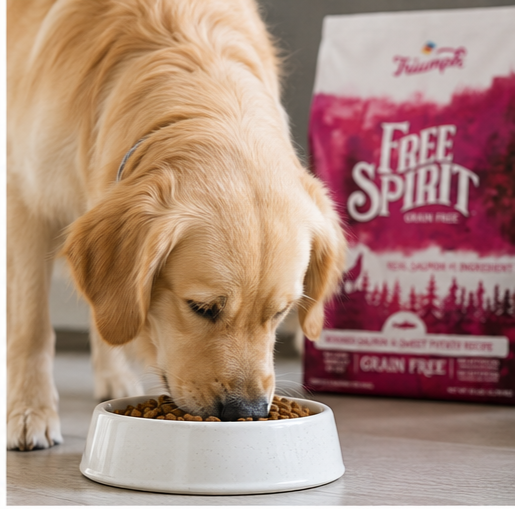 Triumph Free Spirit Grain-Free Salmon and Sweet Potato Dog Food bag with premium salmon recipe for