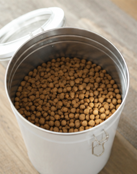 Airtight stainless steel dog food storage container with white finish