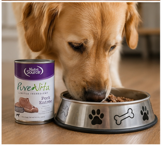 NutriSource Pure Vita Grain Free Pork Entrée Wet Dog Food can