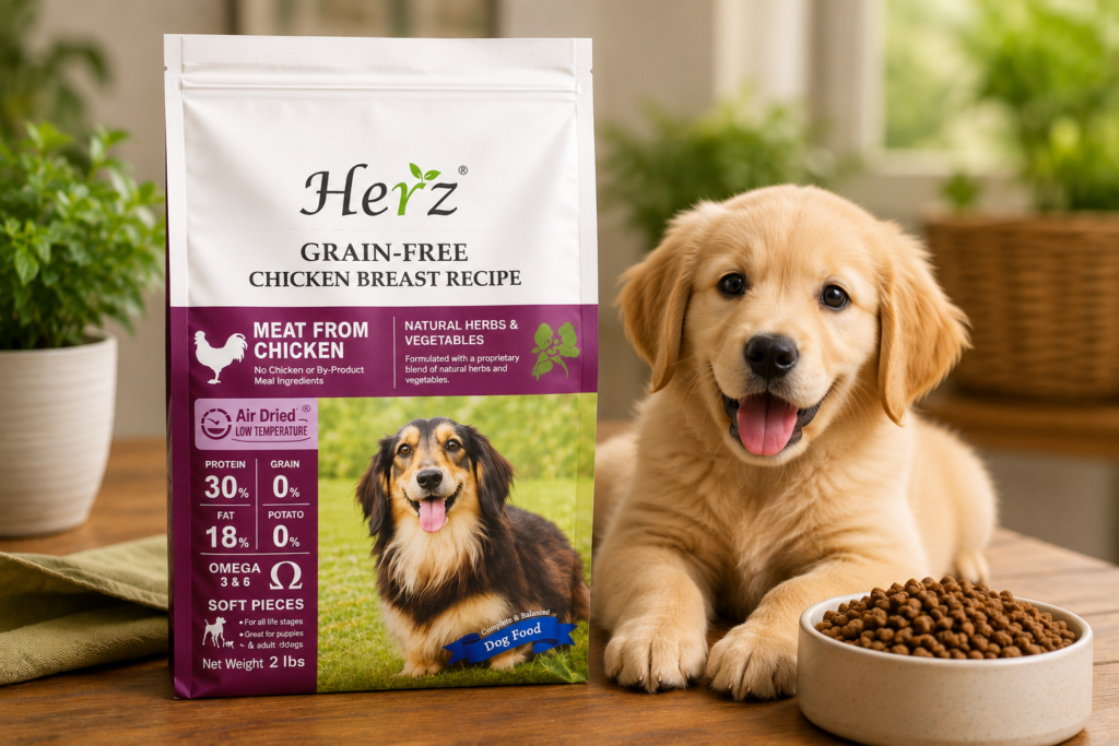 Happy golden retriever puppy sitting beside Herz Grain-Free Chicken Breast Recipe air-dried dog food bag with a bowl of healthy dog kibble on a wooden table indoors.