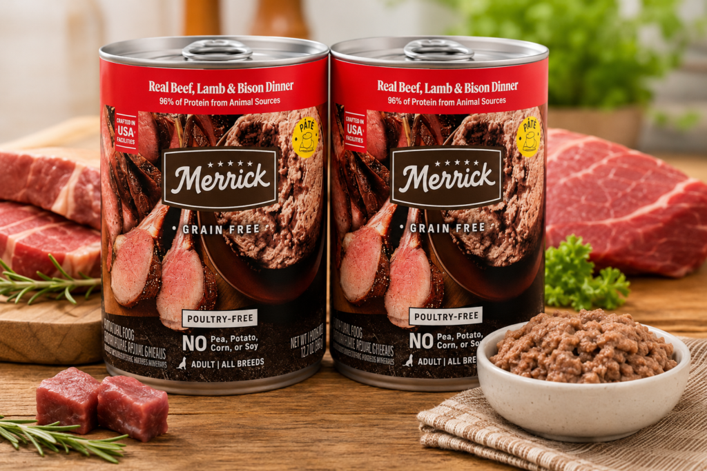 Merrick Grain Free Wet Dog Food with Real Beef Lamb and Bison Pack of 24 Cans