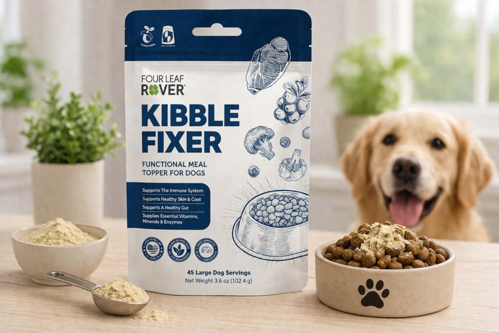 Four Leaf Rover Kibble Fixer dog food topper for gut health immune support and shiny coat