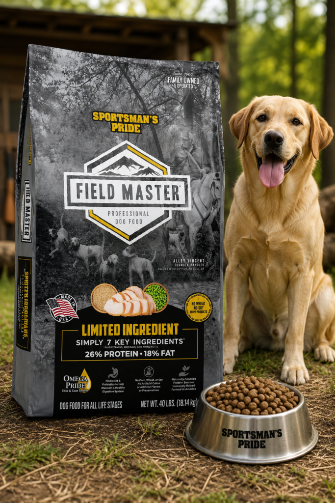 Sportsman’s Pride Field Master 26/18 Limited Ingredient Dry Dog Food with golden retriever puppy and premium high protein dog kibble outdoors.