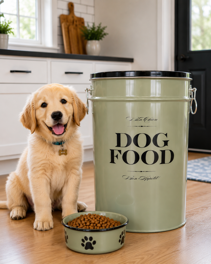 Premium airtight dog food storage bin beside happy golden retriever puppy indoors