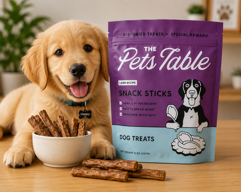 Cute golden retriever puppy sitting beside The Pets Table Lamb Recipe Snack Sticks dog treats with air-dried chew sticks in a bowl on a wooden table.