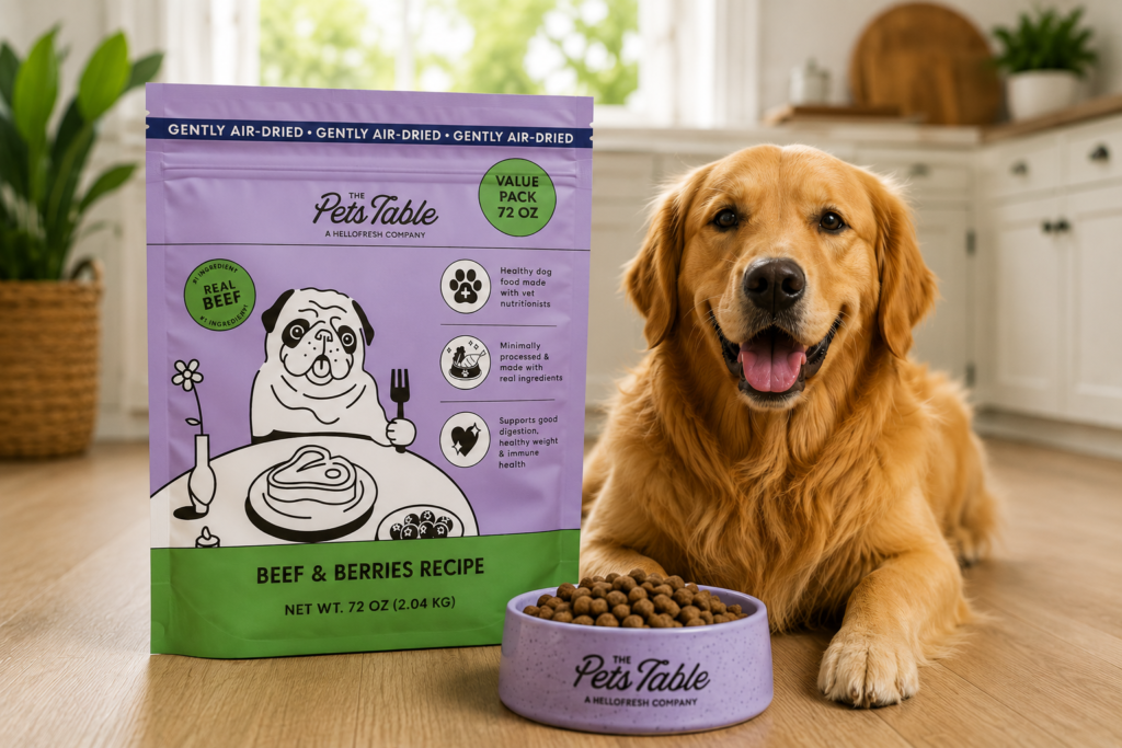 “The Pets Table Air Dried Grain Free Dog Food Beef & Berries Recipe with Golden Retriever in Modern Kitchen”