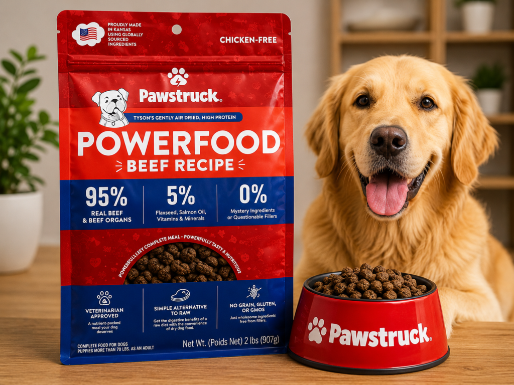 Happy Golden Retriever sitting beside Pawstruck Powerfood Beef Recipe air-dried dog food bag with a bowl of high-protein grain-free beef dog food on a wooden table.