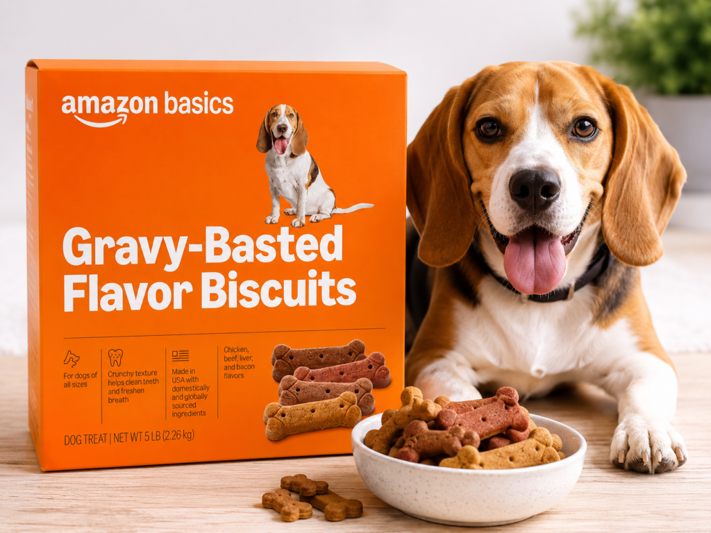 Amazon Basics Crunchy Dog Biscuits Gravy-Basted Flavor Dog Treats 5 lb box for healthy dog rewards