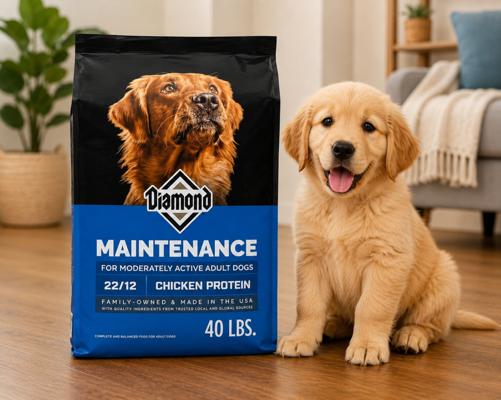 Diamond Maintenance Adult Dry Dog Food 22/12 chicken protein with golden retriever puppy