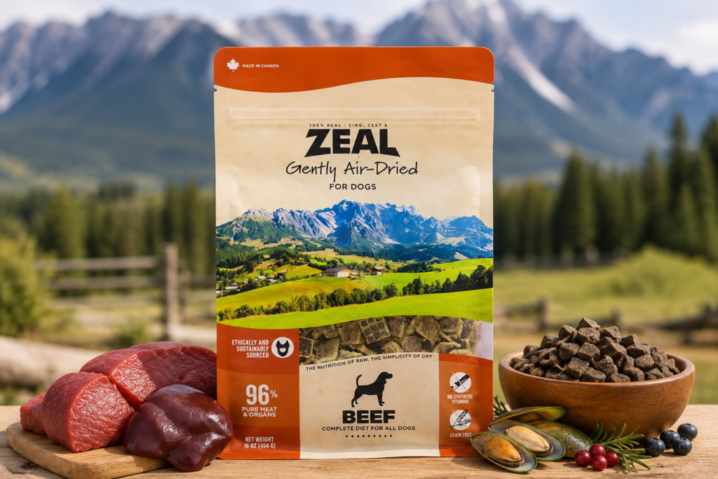 Premium ZEAL Canada Air-Dried Beef Recipe dog food bag with grain-free high-protein formula isolated on white background for healthy dogs.