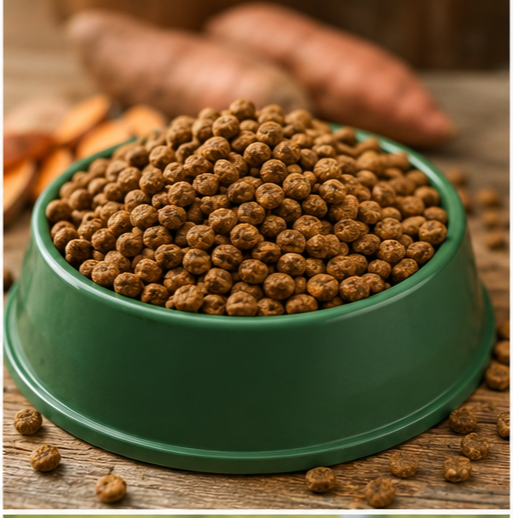 Healthy adult dog with shiny coat after eating premium grain-free whitefish dog food"