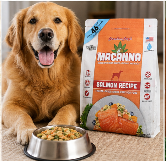 Grandma Lucy's Macanna Salmon Freeze-Dried Dog Food package.