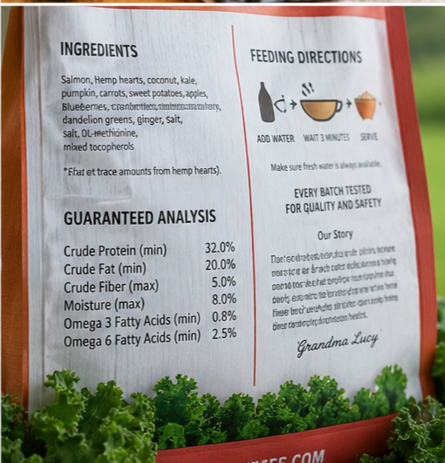 Grain-free freeze-dried dog food made with salmon, kale, coconut, and hemp hearts.