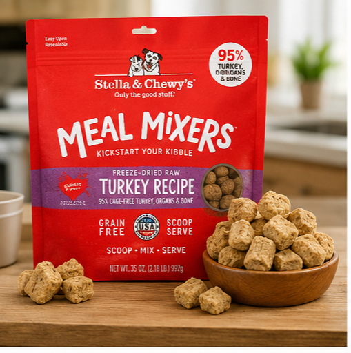 Golden Retriever enjoying Stella & Chewy's Freeze-Dried Raw Turkey Meal Mixers grain-free dog food topper