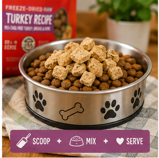 Premium Stella & Chewy's Freeze-Dried Raw Turkey Meal Mixers served over dry dog food kibble