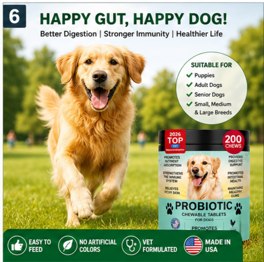 GROZOSS Probiotic Chews for Dogs bottle with a healthy Golden Retriever.