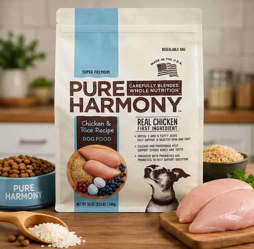 Pure Harmony dog food kibble in a feeding bowl