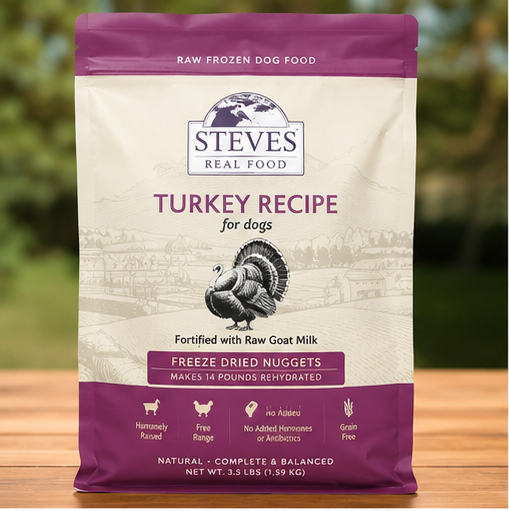 Steve's Real Food Freeze-Dried Raw Dog Food Turkey Recipe with a healthy and active dog outdoors.
