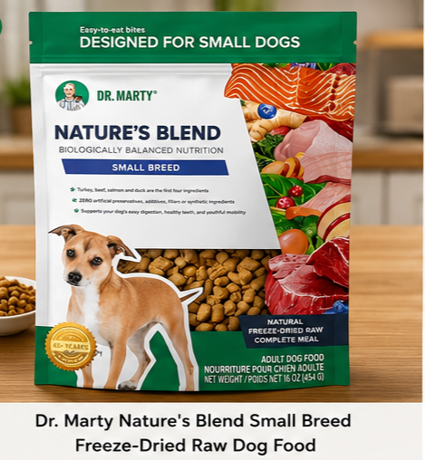 Healthy Small Breed Dog Eating Dr. Marty Nature's Blend