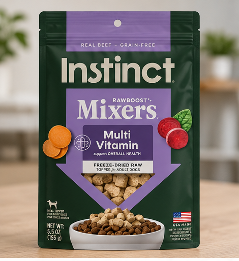Instinct dog food topper mixed with dry kibble