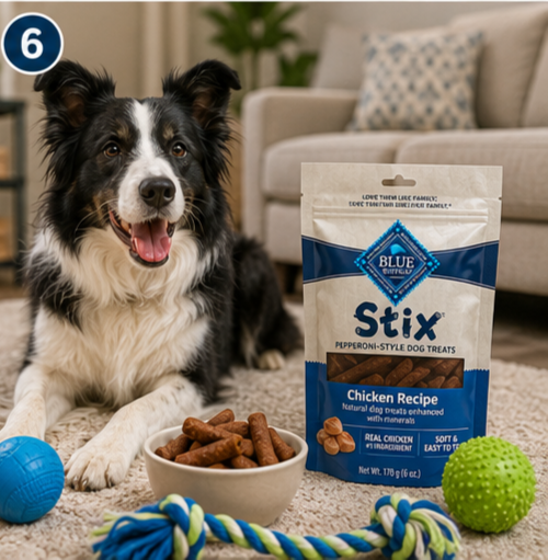 Blue Buffalo Stix Chicken Pepperoni-Style Dog Treats package with real chicken recipe