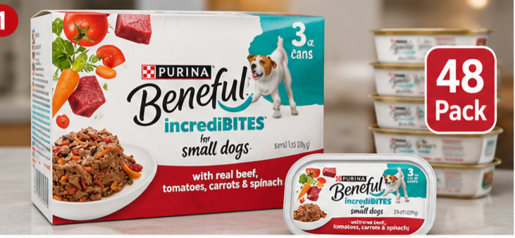 Small Chihuahua enjoying Purina Beneful IncrediBites Small Breed Wet Dog Food with Real Beef