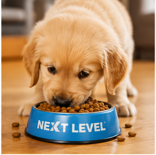 Healthy puppy eating Next Level Super Premium Dog Food HI-PRO Puppy